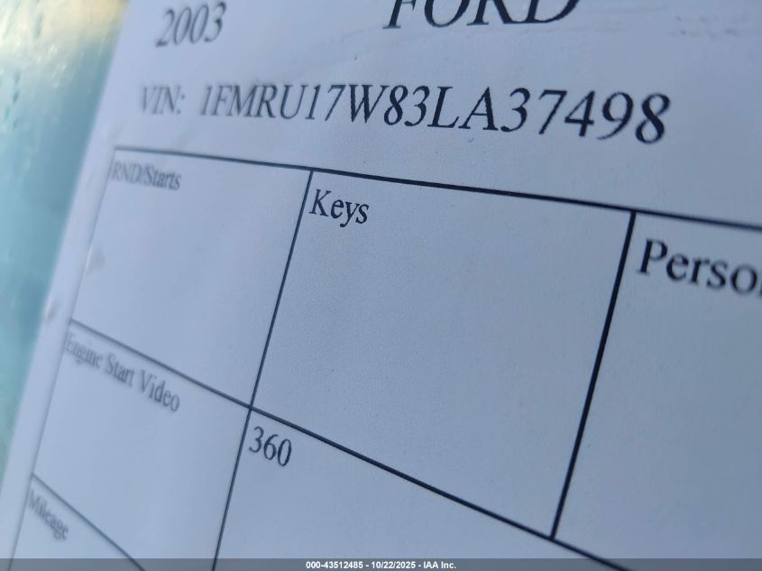 2003 Ford Expedition Eddie Bauer VIN: 1FMRU17W83LA37498 Lot: 43512485