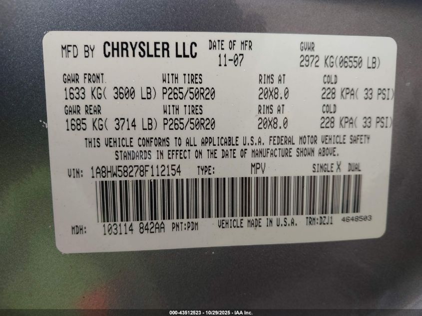 2008 Chrysler Aspen Limited VIN: 1A8HW58278F112154 Lot: 43512523