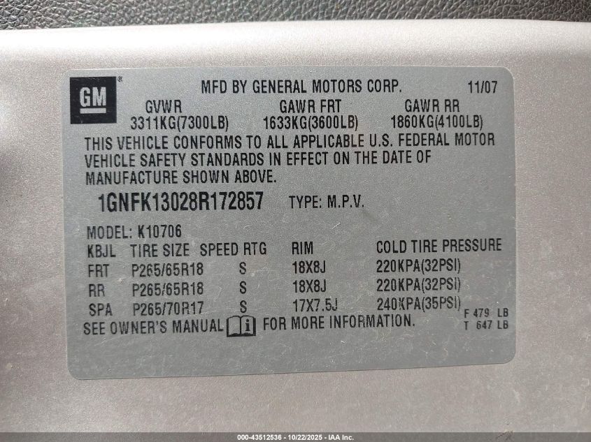 2008 Chevrolet Tahoe Lt VIN: 1GNFK13028R172857 Lot: 43512536