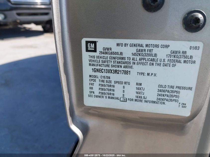 2003 Chevrolet Tahoe Ls VIN: 1GNEC13VX3R217881 Lot: 43512575