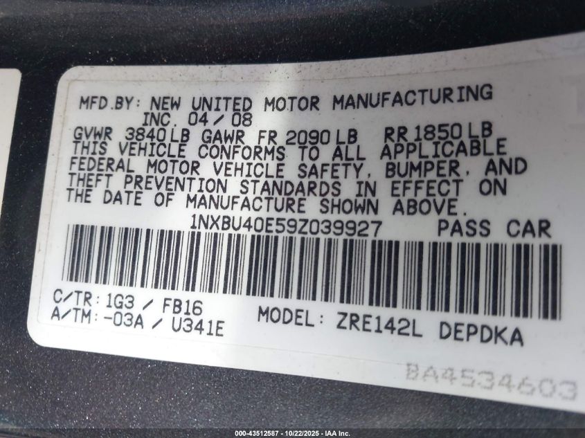 2009 Toyota Corolla Le VIN: 1NXBU40E59Z039927 Lot: 43512587