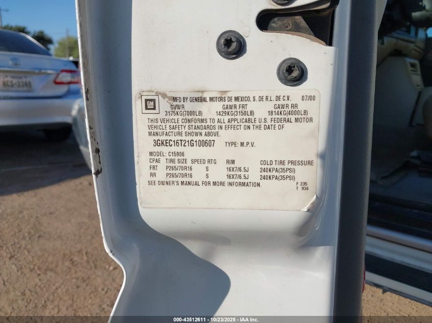 2001 GMC Yukon Xl 1500 Slt VIN: 3GKEC16T21G100607 Lot: 43512611