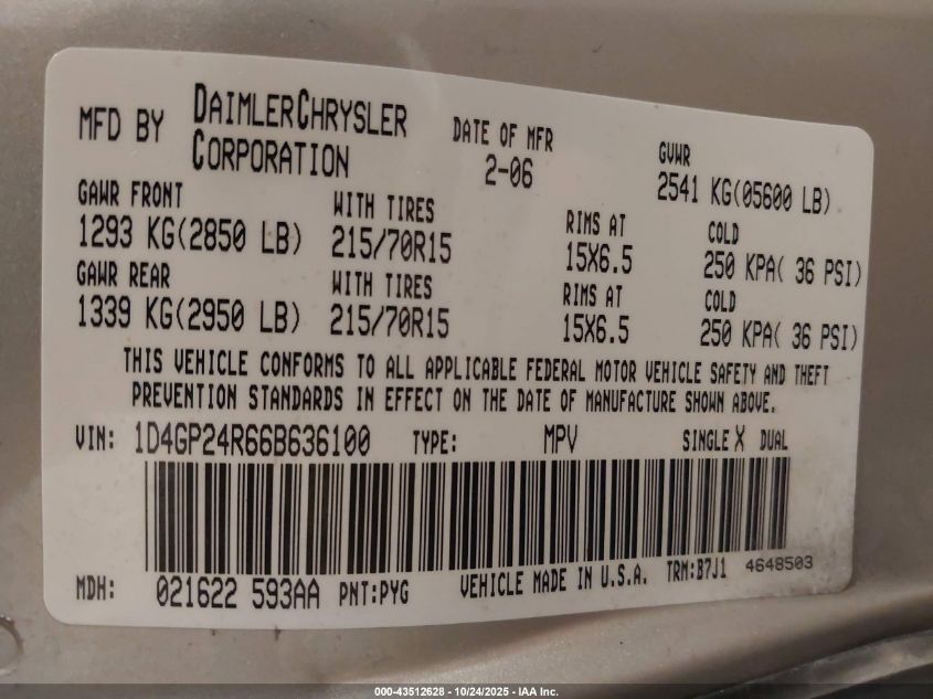 2006 Dodge Grand Caravan Se VIN: 1D4GP24R66B636100 Lot: 43512628