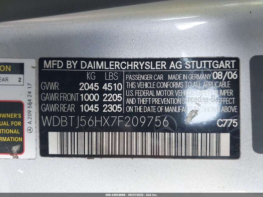 2007 Mercedes-Benz Clk 350 VIN: WDBTJ56HX7F209756 Lot: 43512696