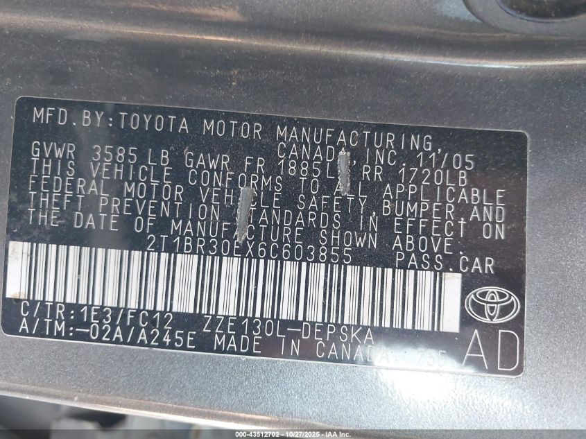 2006 Toyota Corolla S VIN: 2T1BR30EX6C603855 Lot: 43512702