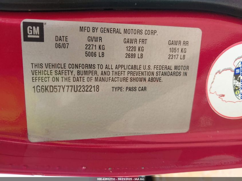 2007 Cadillac Dts V8 VIN: 1G6KD57Y77U232218 Lot: 43512733