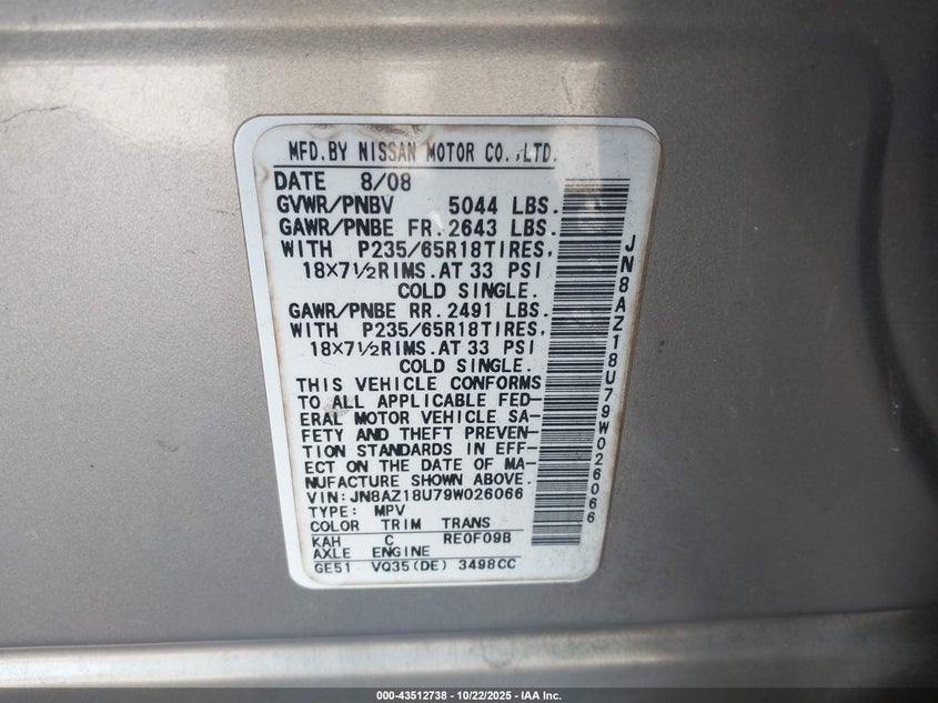 JN8AZ18U79W026066 2009 NISSAN MURANO photo no. 9