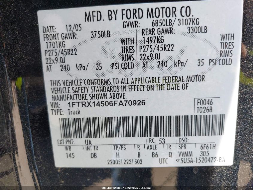2006 Ford F-150 Fx4/Lariat/Xl/Xlt VIN: 1FTRX14506FA70926 Lot: 43512830