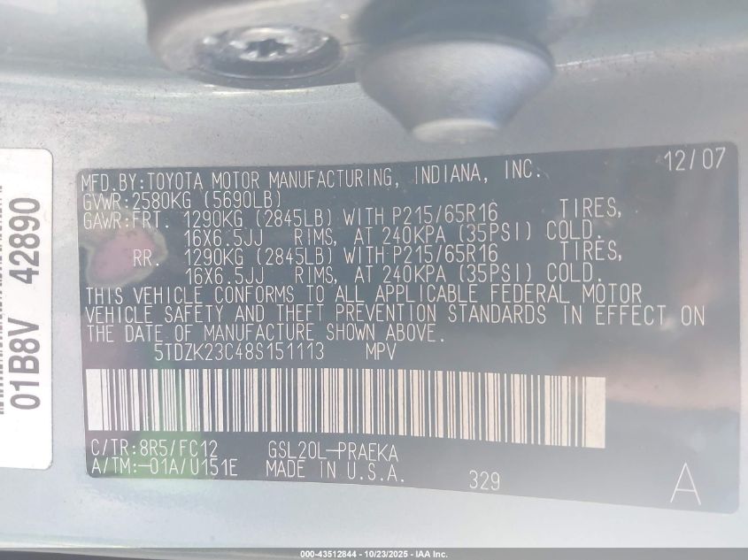 2008 Toyota Sienna Le VIN: 5TDZK23C48S151113 Lot: 43512844