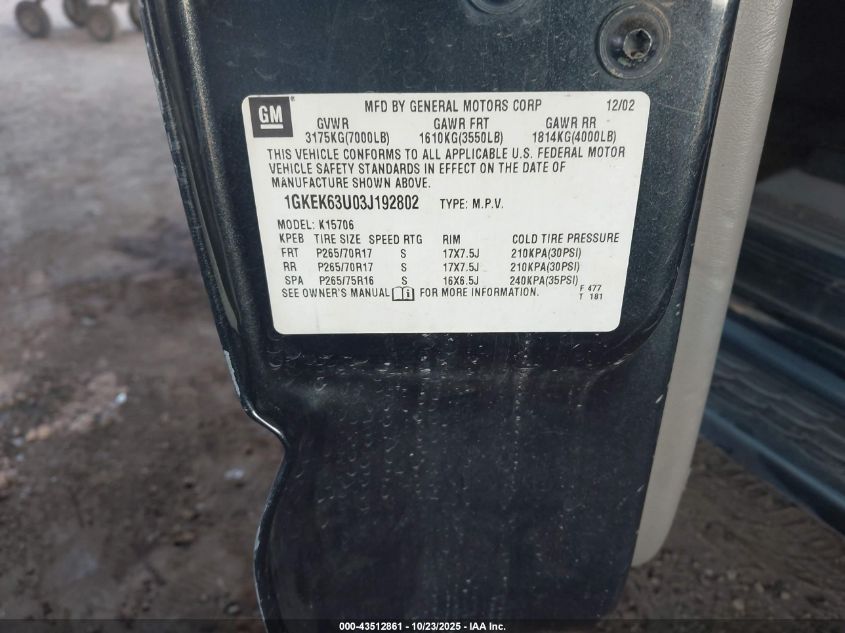 2003 GMC Yukon Denali VIN: 1GKEK63U03J192802 Lot: 43512861