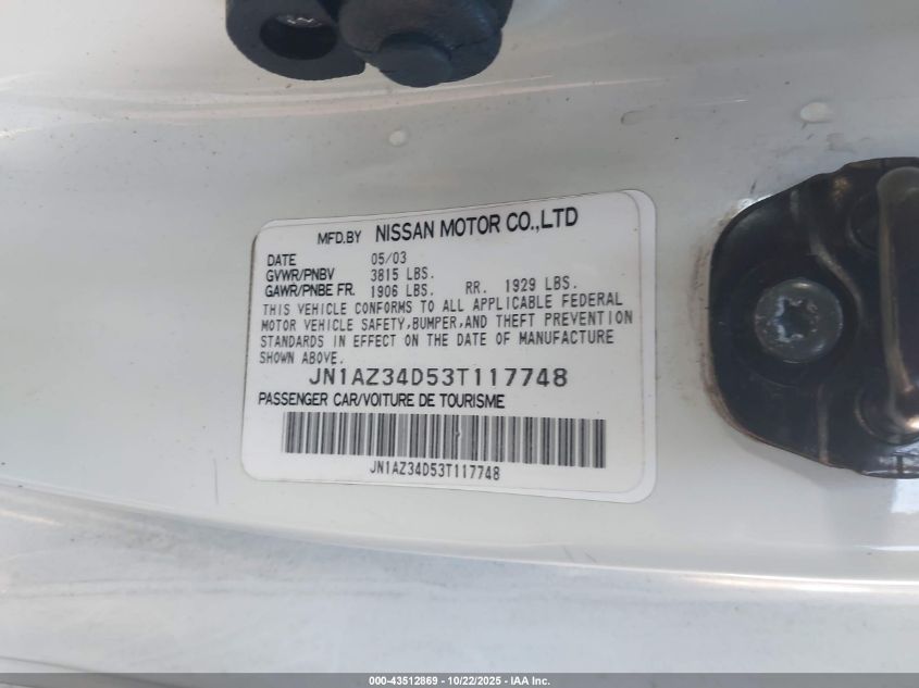 2003 Nissan 350Z VIN: JN1AZ34D53T117748 Lot: 43512869