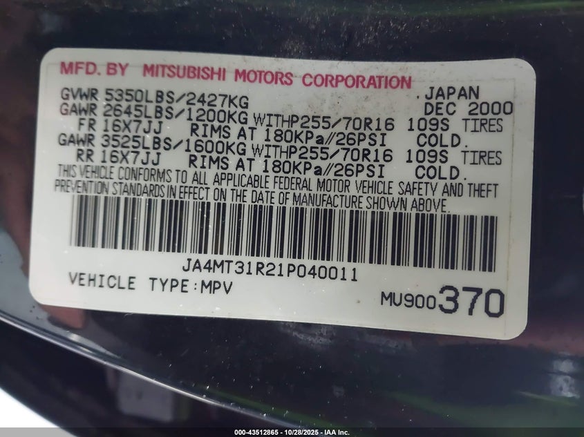JA4MT31R21P040011 2001 MITSUBISHI MONTERO SPORT photo no. 9