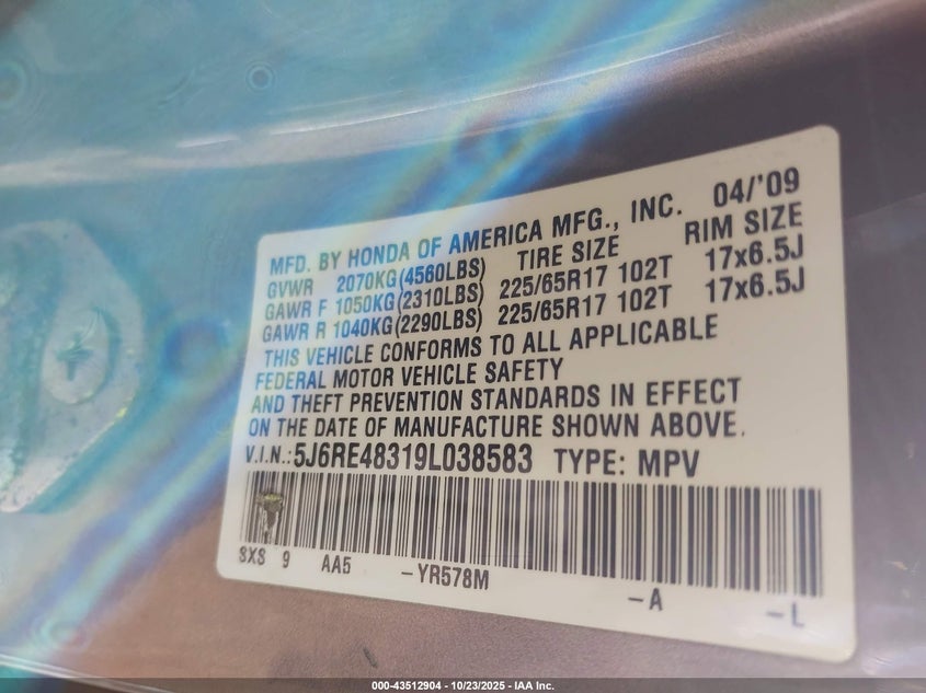 5J6RE48319L038583 2009 HONDA CR-V photo no. 9