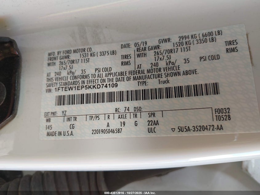 1FTEW1EP5KKD74109 2019 FORD F-150 photo no. 4