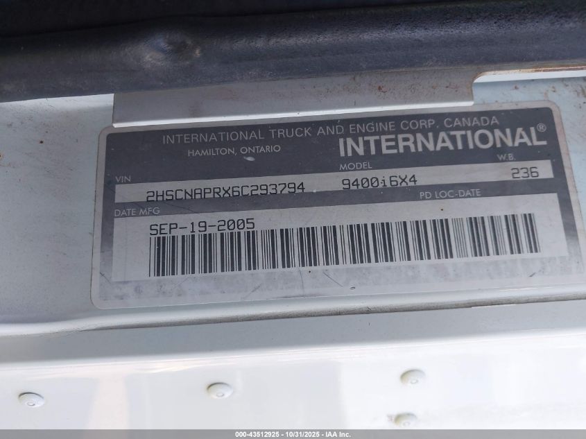 2006 International 9400 9400I VIN: 2HSCNAPRX6C293794 Lot: 43512925