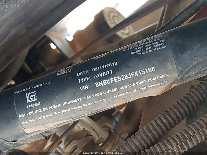 2018 Polaris Rzr Xp 4 Turbo Eps VIN: 3NSVFE923JF415188 Lot: 43512957