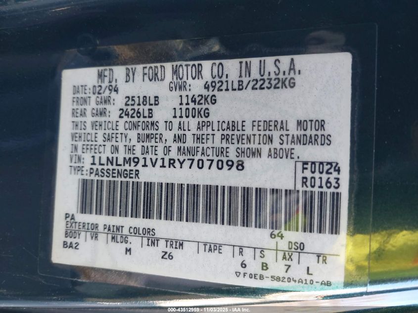 1994 Lincoln Mark Viii VIN: 1LNLM91V1RY707098 Lot: 43512959