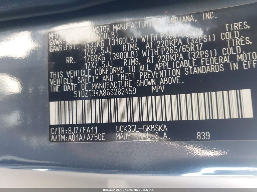 2006 Toyota Sequoia Sr5 V8 VIN: 5TDZT34A86S282459 Lot: 43512979