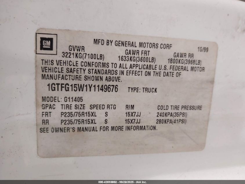 2000 GMC Savana Standard VIN: 1GTFG15W1Y1149676 Lot: 43513062