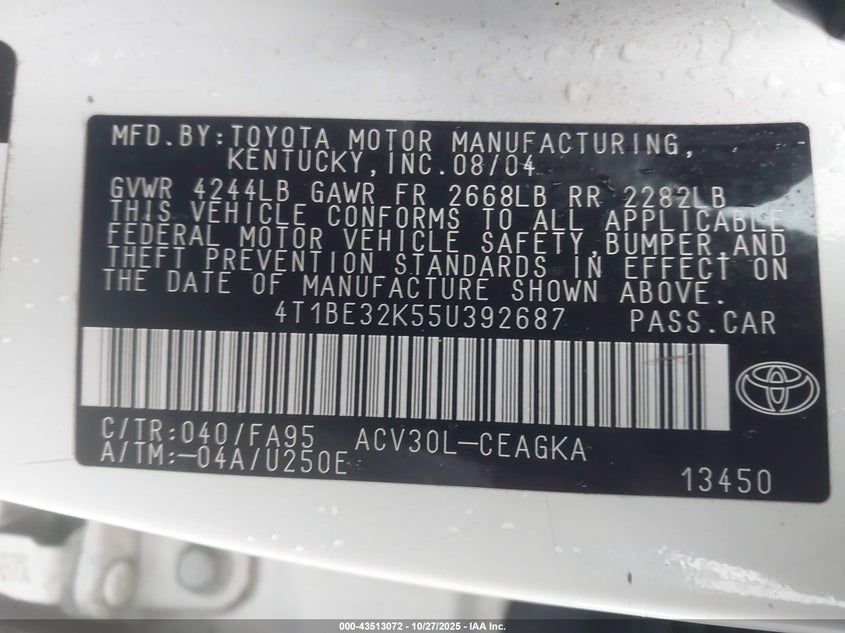 4T1BE32K55U392687 2005 TOYOTA CAMRY photo no. 9