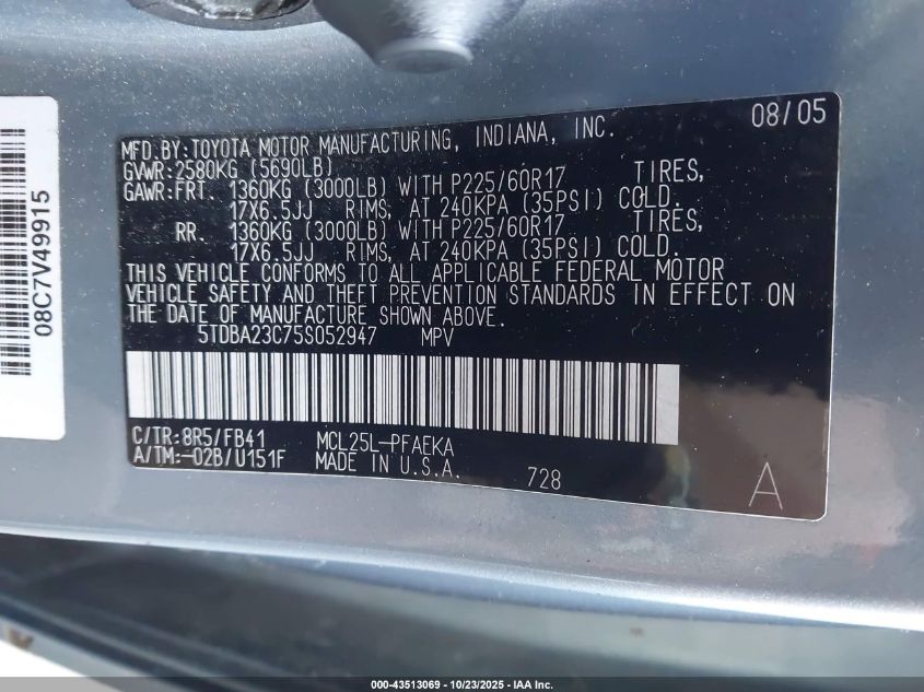 2005 Toyota Sienna Le VIN: 5TDBA23C75S052947 Lot: 43513069