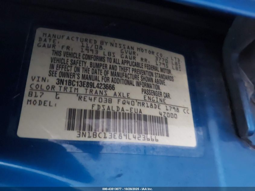 2009 Nissan Versa 1.8S VIN: 3N1BC13E89L423666 Lot: 43513077