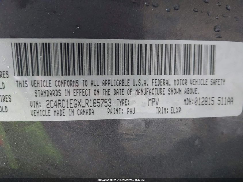 2020 Chrysler Pacifica Touring L Plus VIN: 2C4RC1EGXLR165753 Lot: 43513082
