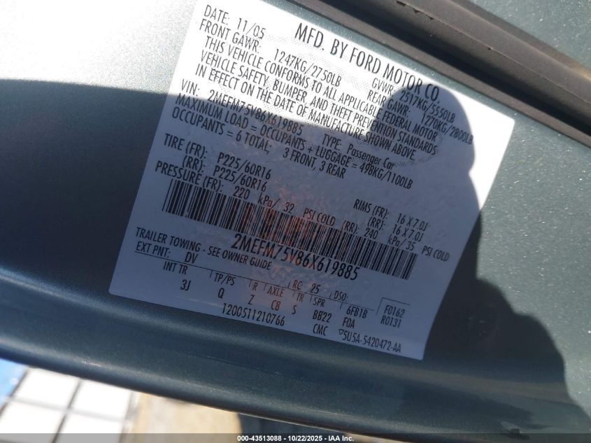 2006 Mercury Grand Marquis Ls VIN: 2MEFM75V86X619885 Lot: 43513088