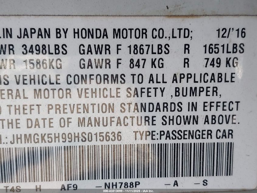 2017 Honda Fit Ex-L VIN: JHMGK5H99HS015636 Lot: 43513099