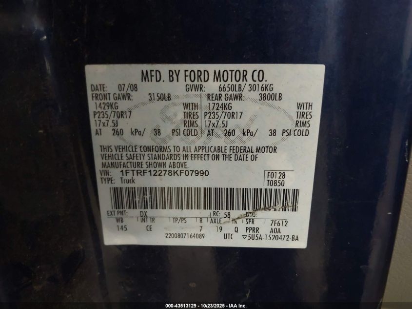 2008 Ford F-150 Stx/Xl/Xlt VIN: 1FTRF12278KF07990 Lot: 43513129