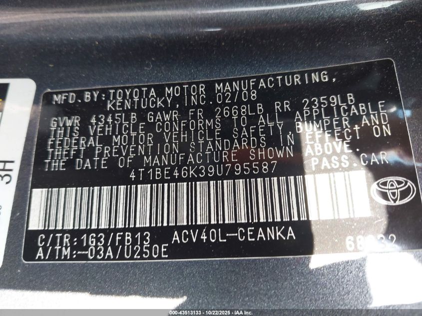 2009 Toyota Camry Le VIN: 4T1BE46K39U795587 Lot: 43513133