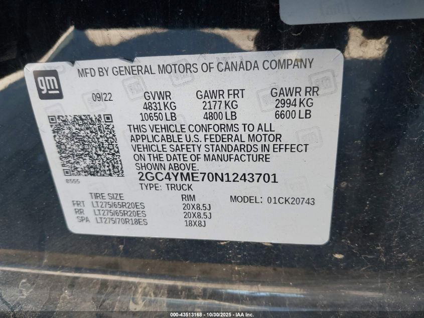 2022 Chevrolet Silverado 2500Hd 4Wd Standard Bed Custom VIN: 2GC4YME70N1243701 Lot: 43513168