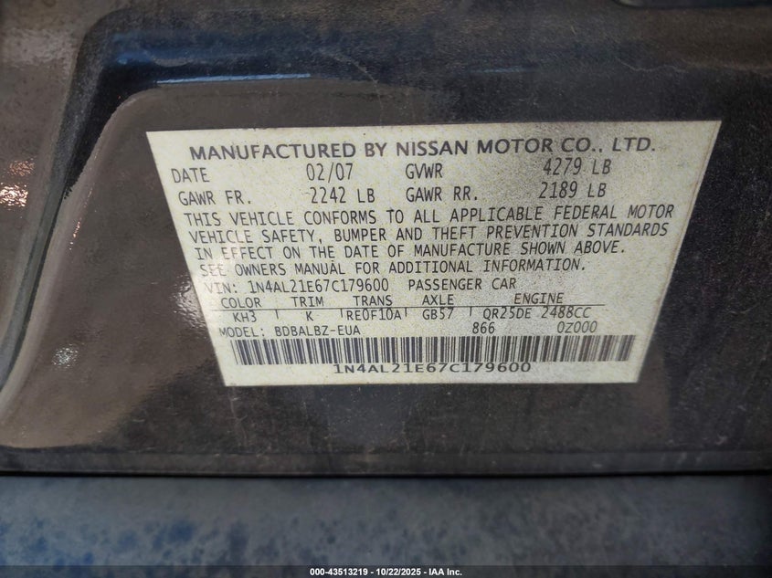 1N4AL21E67C179600 2007 NISSAN ALTIMA photo no. 9