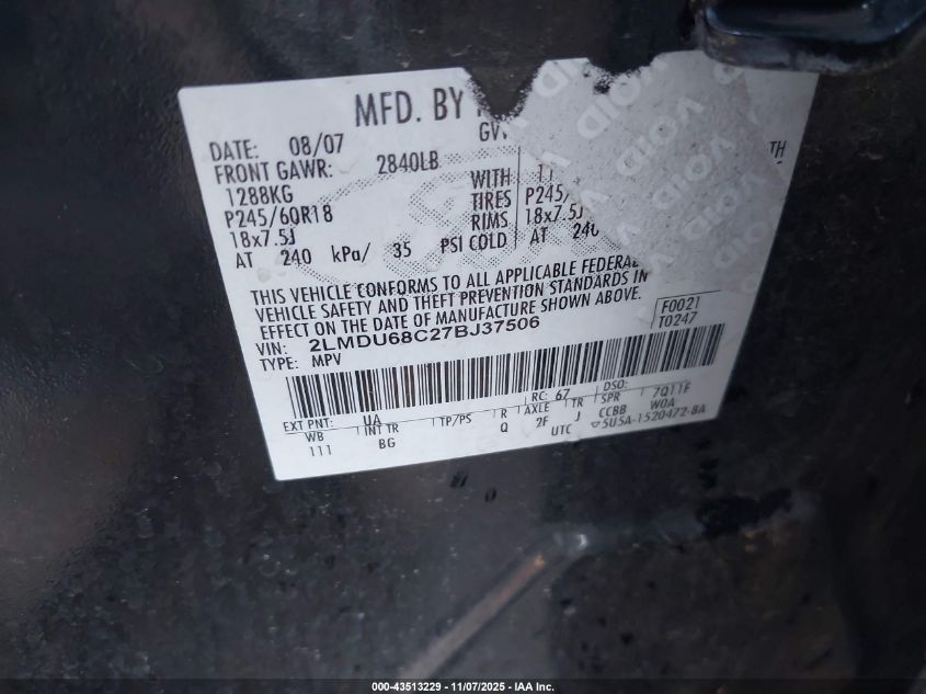 2007 Lincoln Mkx VIN: 2LMDU68C27BJ37506 Lot: 43513229