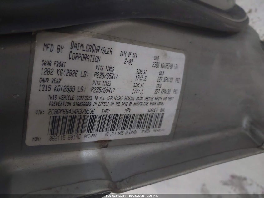 2004 Chrysler Pacifica VIN: 2C8GM68454R379536 Lot: 43513241