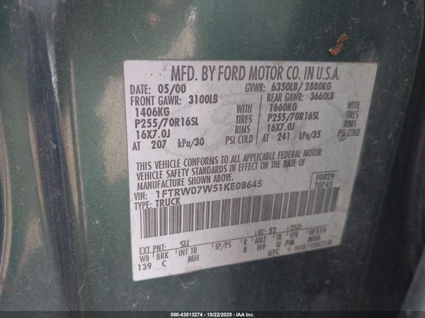 2001 Ford F-150 Harley-Davidson Edition/King Ranch Edition/Lariat/Xlt VIN: 1FTRW07W51KE08645 Lot: 43513274