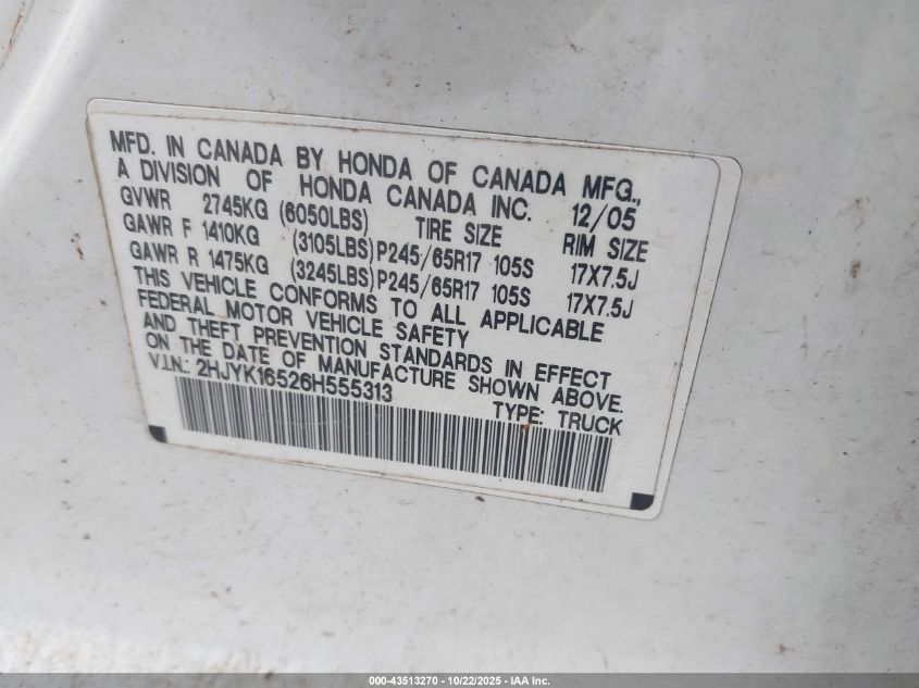 2006 Honda Ridgeline Rtl VIN: 2HJYK16526H555313 Lot: 43513270