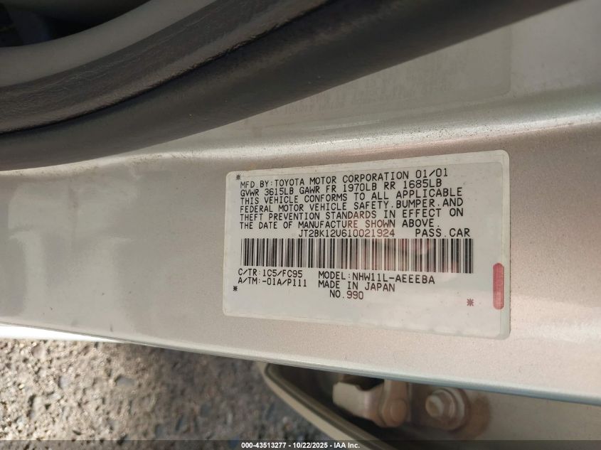 2001 Toyota Prius VIN: JT2BK12U610021924 Lot: 43513277