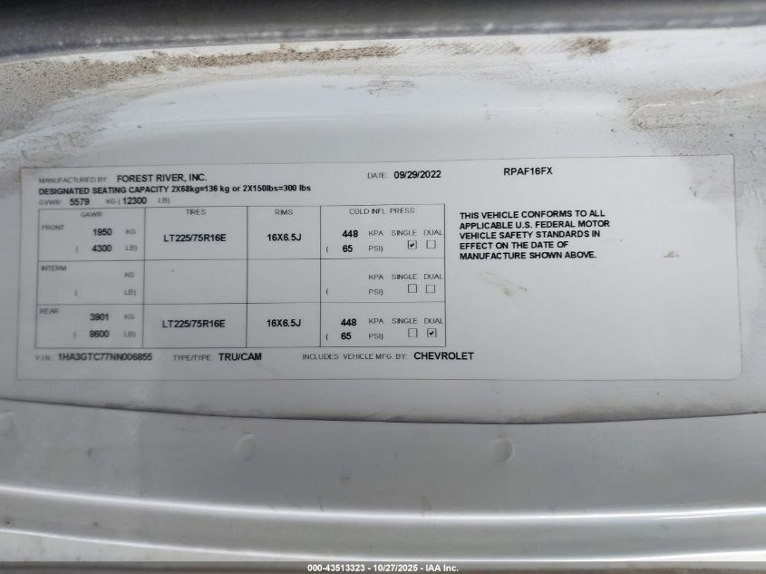 2022 Chevrolet Express Cutaway Work Van VIN: 1HA3GTC77NN006855 Lot: 43513323