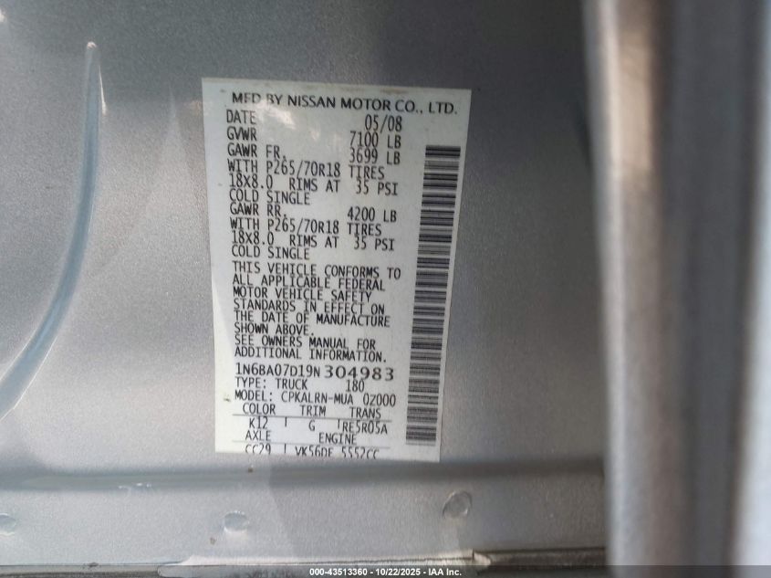 2009 Nissan Titan Xe VIN: 1N6BA07D19N304983 Lot: 43513360