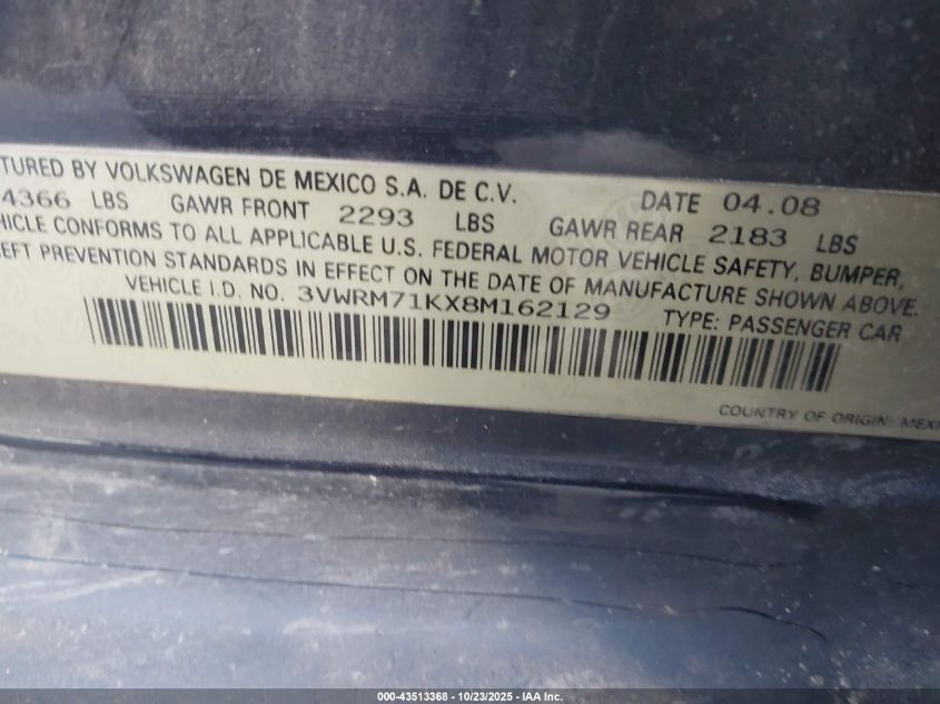 2008 Volkswagen Jetta Se VIN: 3VWRM71KX8M162129 Lot: 43513368