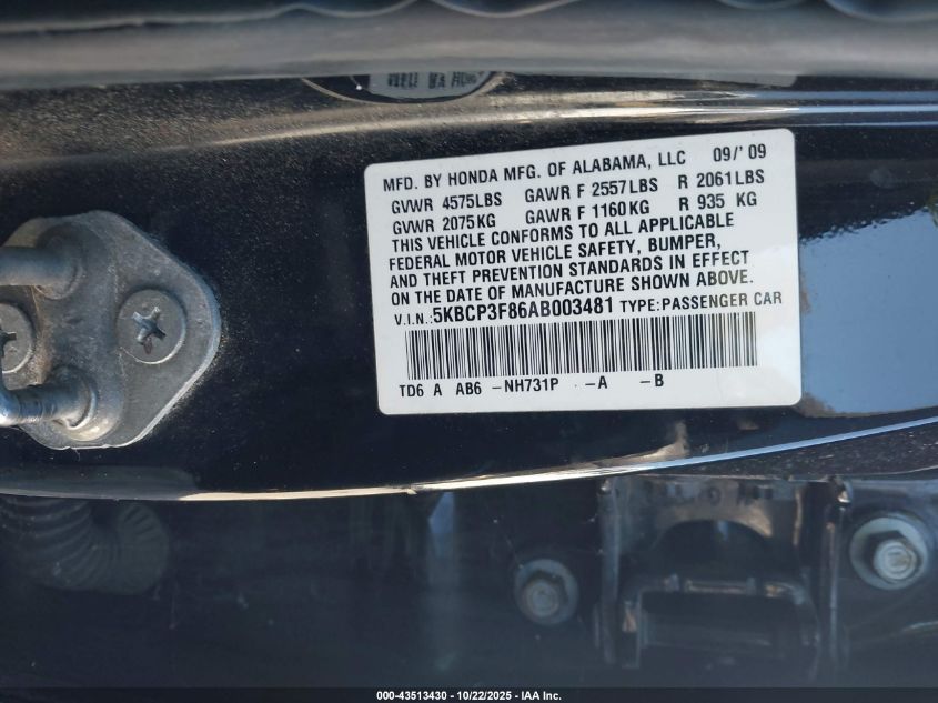 2010 Honda Accord 3.5 Ex-L VIN: 5KBCP3F86AB003481 Lot: 43513430