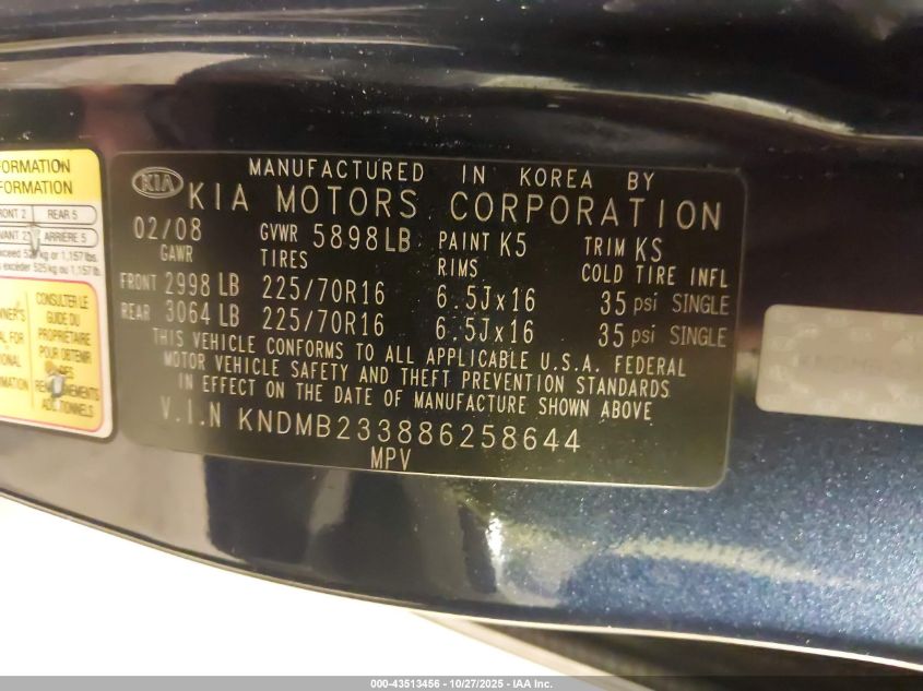 2008 Kia Sedona Lx VIN: KNDMB233886258644 Lot: 43513456