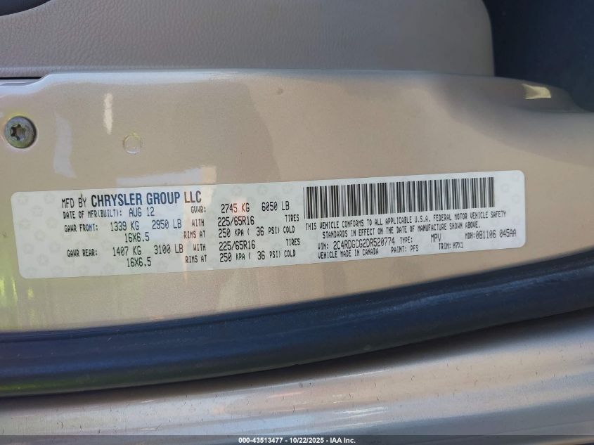 2013 Dodge Grand Caravan Sxt VIN: 2C4RDGCG2DR520774 Lot: 43513477