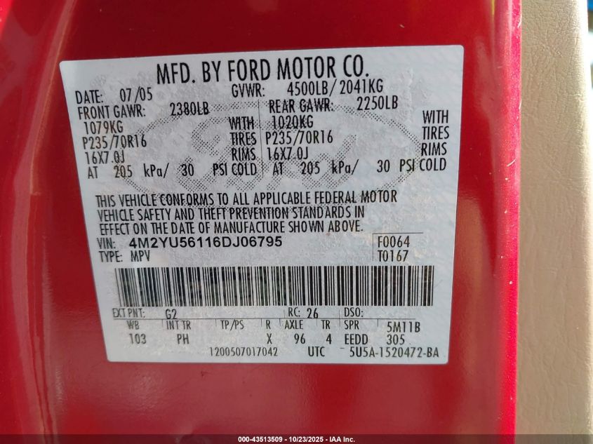 2006 Mercury Mariner Luxury/Premier VIN: 4M2YU56116DJ06795 Lot: 43513509