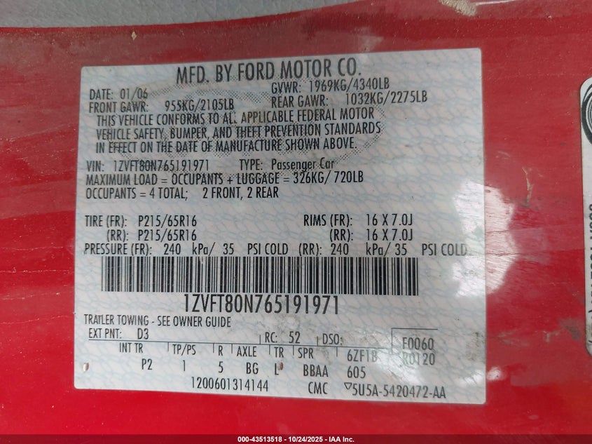 2006 Ford Mustang V6 VIN: 1ZVFT80N765191971 Lot: 43513518