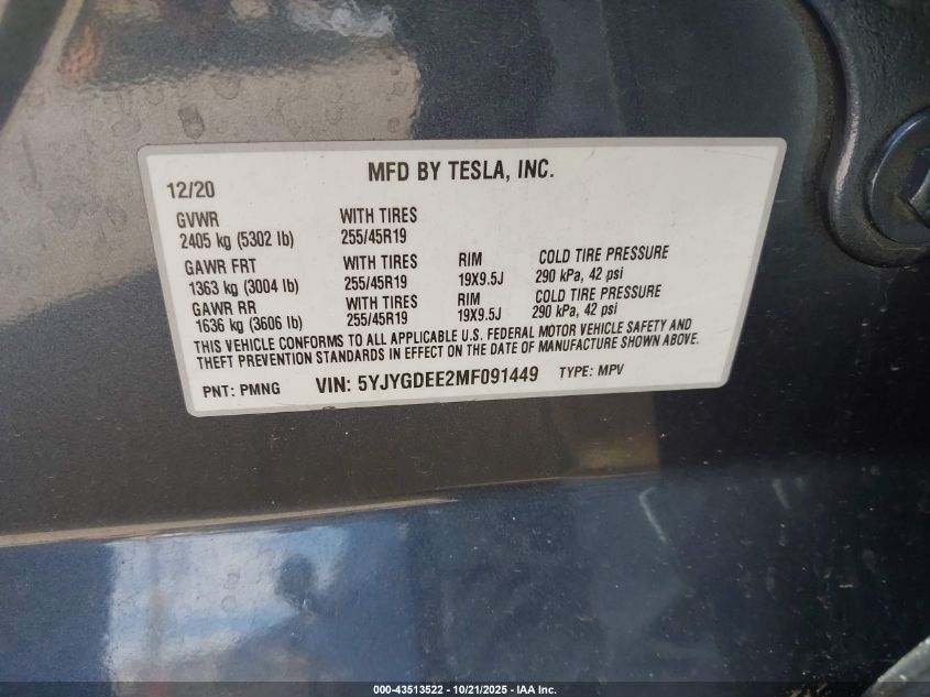 2021 Tesla Model Y Long Range Dual Motor All-Wheel Drive VIN: 5YJYGDEE2MF091449 Lot: 43513522