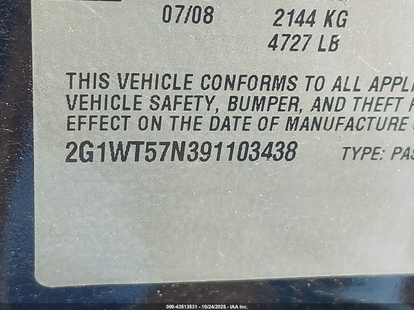 2009 Chevrolet Impala Lt VIN: 2G1WT57N391103438 Lot: 43513531