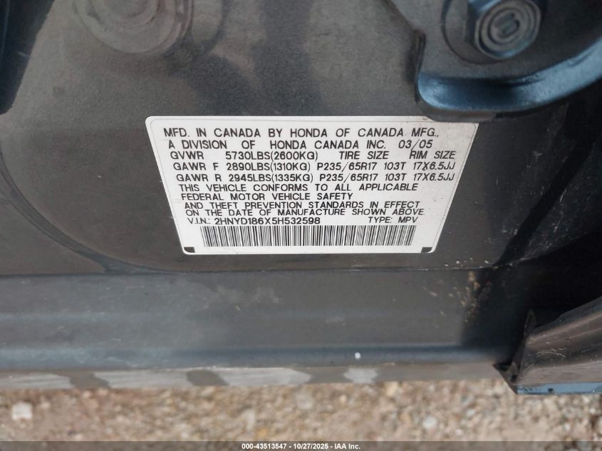 2005 Acura Mdx VIN: 2HNYD186X5H532598 Lot: 43513547