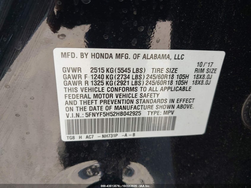 2017 HONDA PILOT EX-L 5FNYF5H52HB042925